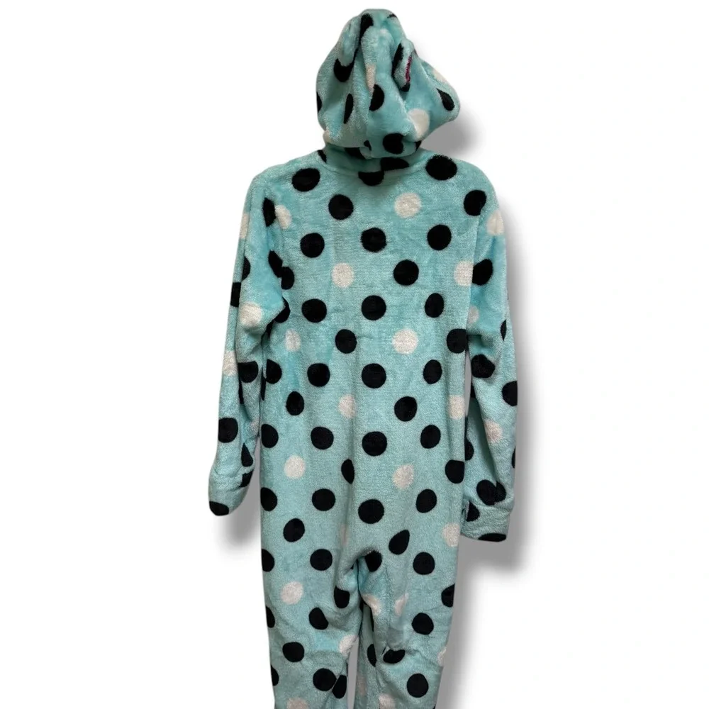 Justice Girls Blue Polka Dot Cat Hood Plush‎ Fleece One Piece Pajamas Size 8